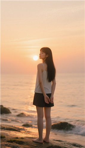 日暮黄昏海边美女看夕阳图片